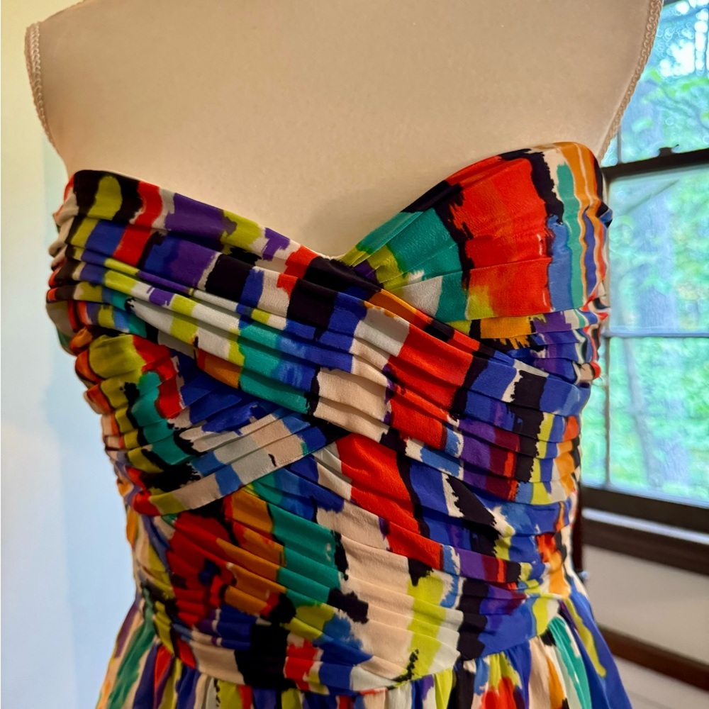 Shoshanna multi colour brush stroke silk chiffon strapless dress
